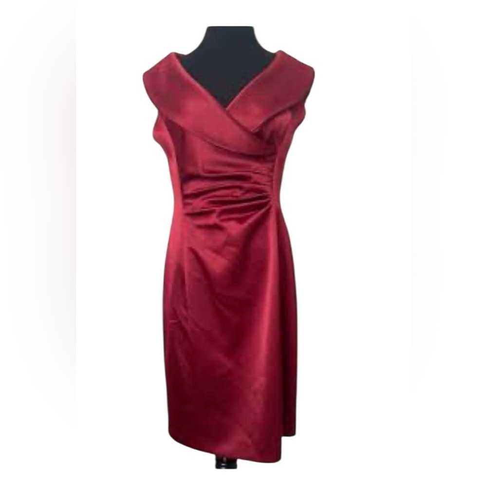 Kay Unger Ruched Pleated Satin Foldover Shawl Collar Sleeveless Dress